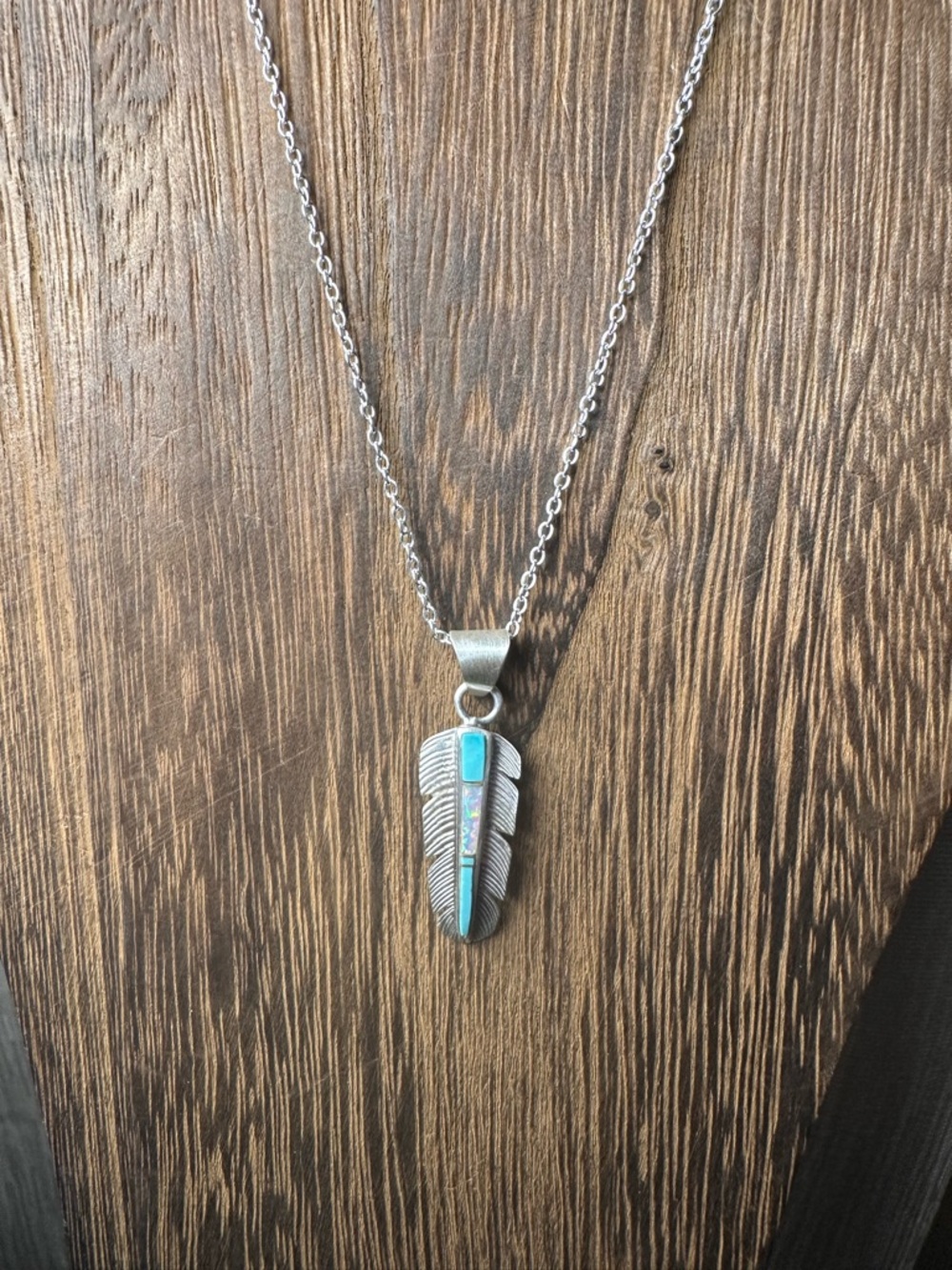 Sterling Silver Feather Pendant Necklace with Turquoise and Opal Inlay in Chain - Picture 9 of 11